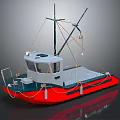 Small Red And Gray Work Boat With Cabin Flat Deck Mast And Ropes 3d model