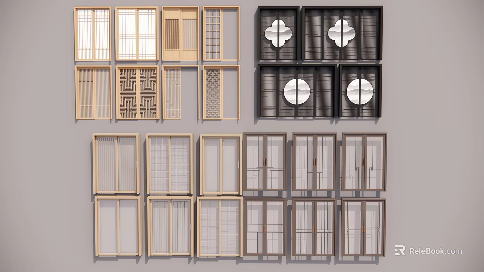Sliding Doors With Various Wooden Frames And Decorative Patterns In Different Styles 3d model