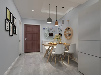 Light Gray Dining Room Interior With Wooden Table White Chairs Hanging Pendant Lights And Framed 3d model