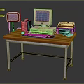 Vintage Computer Desk With Wooden Top Metal Frame Monitor CPU Tower And Equipment