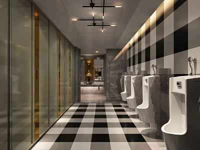 Modern Public Restroom Interior Design With Black And White Checkered Floor Glass Partitions And Urinals 3d model