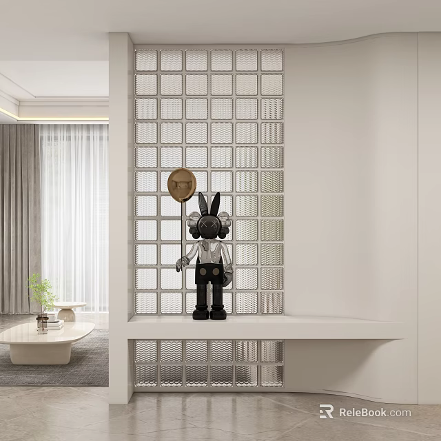 Foyer Passage Interior Design With Glass Block Wall And Black Art Figurine On White Shelf 3d model 