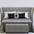 Modern Double Bed With Tufted Headboard Black And White Pillows And Bed Bench 3d model