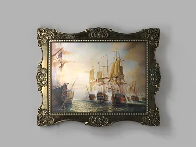 Ornate Gold Frame With Intricate Carvings Featuring Vintage Sailing Ships Ocean Scene 3d model