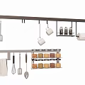 Organized Kitchen Storage With Hanging Spice Jars And Utensils On Rack 3d model