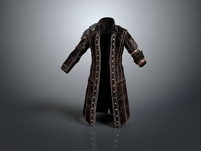 Dark Vintage Long Coat With Decorative Stitching Vertical Buttons And Shoulder Design Textured Fabric 3d model