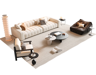 Cream Style Sofa Coffee Table Combination Multi-person Sofa Coffee Table Single Person Casual Chair Lazy Person Sofa Pillow Floor Lamp Carpet Side Table Books Jewelry Ornaments 3d model