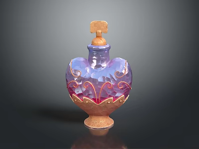 Heart Shaped Perfume Bottle With Purple Pink Gradient And Gold Ornate Patterns 3d model