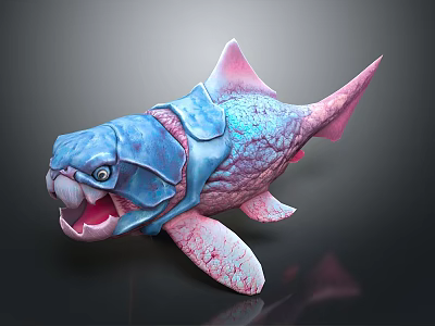 3D Model of Colorful Fantasy Fish with Blue Body Pink Fins and Open Mouth 3d model