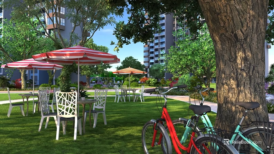 Garden Landscape with Green Lawn Tables Chairs Striped Umbrellas Bicycles Trees Near High Rise Buildings 3d model 