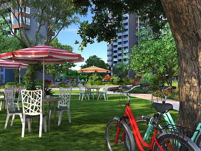 Garden Landscape with Green Lawn Tables Chairs Striped Umbrellas Bicycles Trees Near High Rise Buildings 3d model