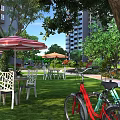 Garden Landscape with Green Lawn Tables Chairs Striped Umbrellas Bicycles Trees Near High Rise Buildings