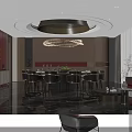 Private Dining Room With Circular Chandelier Marble Tabletop And Dark Furniture