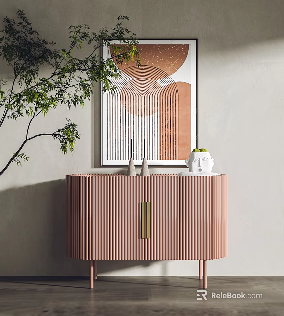 Vertical Striped Modern Entryway Console Table With Golden Handles Vases Green Plant And Wall Art 3d model 