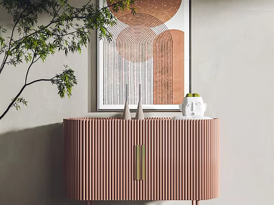 Vertical Striped Modern Entryway Console Table With Golden Handles Vases Green Plant And Wall Art 3d model