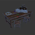 Rustic Wooden Table With Coiled Ropes Wooden Box And Two Stools 3d model