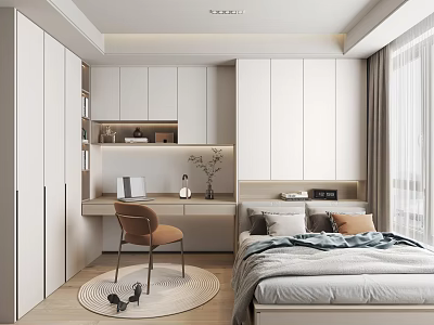 Tatami Bedroom Interior With White Cabinets Writing Desk And Accent Chair 3d model
