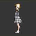 3D Character Yellow Hair Pigtails Plaid Dress Red Bow White Shoes Outstretched Arms Gray Background
