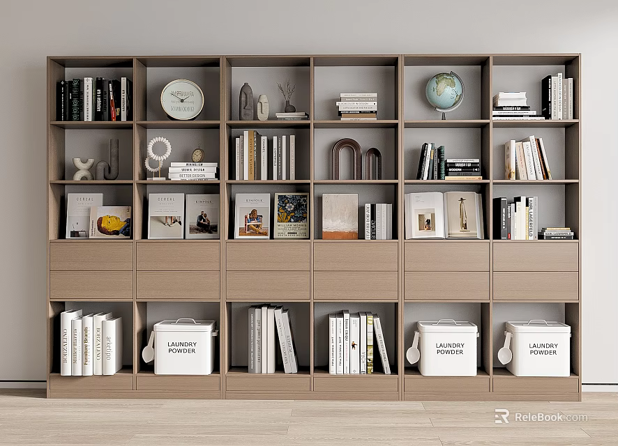 Modern Multi tiered Bookshelf With Books Photo Frames Globe Clock And Storage Bins 3d model