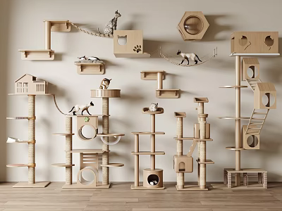 Modern Wooden Cat Trees With Multiple Platforms Holes And Ladders Structure 3d model