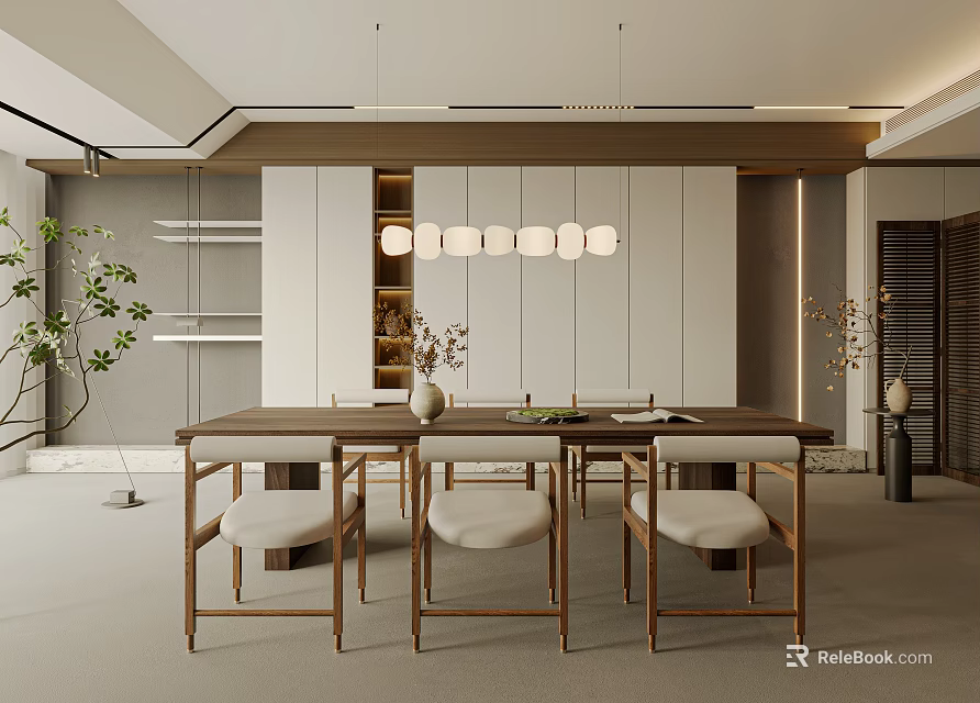 Modern Open Restaurant Interior With Wooden Dining Table And Pendant Lights 3d model 