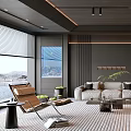 Modern Living Room Interior Design With Dark Wooden Ceiling Gray Sofa Rug And Decorative Paintings