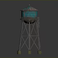 Industrial Style Water Tower With Blue Green Roof And Metal Frame Structure