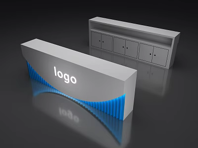 Modern Reception Desk With Logo Blue Accent And Side Storage Cabinets 3d model
