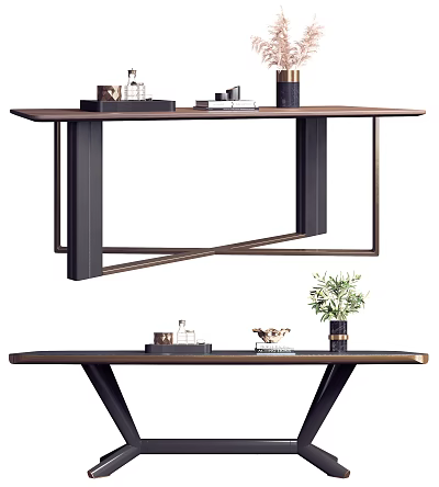 Modern Wooden Dining Table With Metal Legs And Decorative Plant Vase On Top 3d model