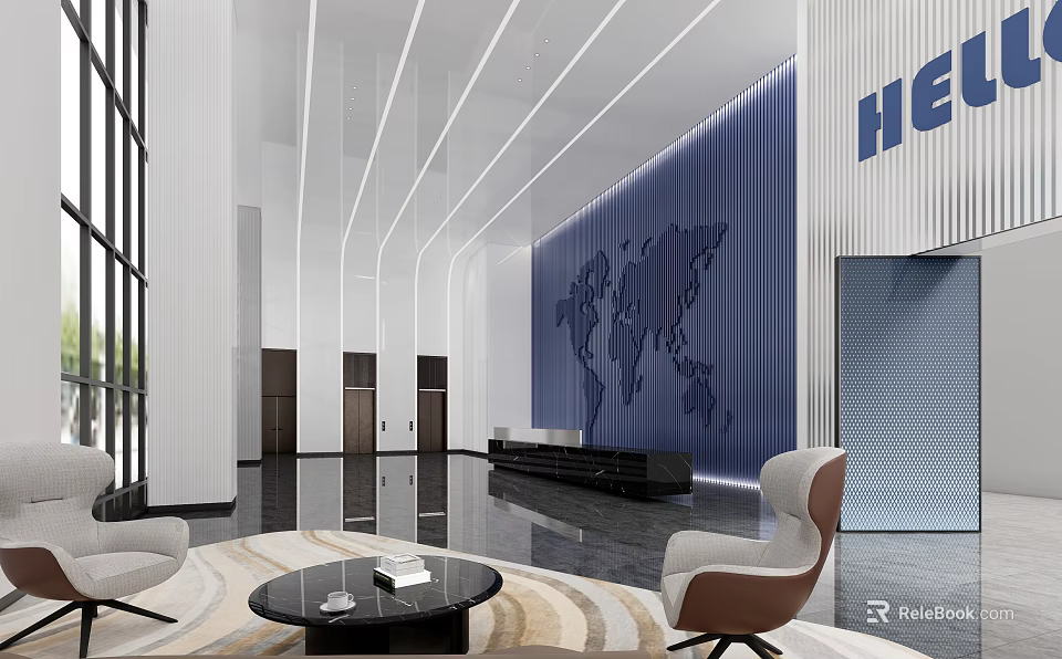 Modern Reception Area Interior With Black Front Desk World Map Wall Sofa And Coffee Table 3d model 