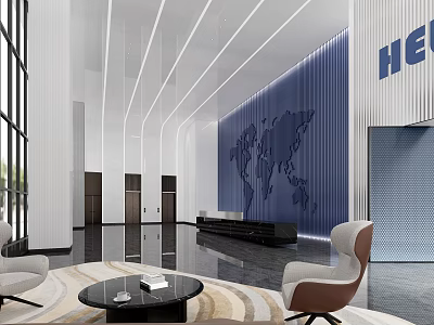 Modern Reception Area Interior With Black Front Desk World Map Wall Sofa And Coffee Table 3d model