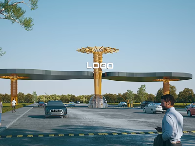 Modern Entrance Gate with Golden Tree Shaped Structure and LOGO Surrounding Trees Vehicles Passing By 3d model