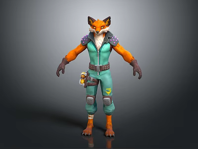 Stylized 3D Fox Character Standing In Green Overalls With Orange Fur And Tool Belt 3d model