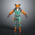 Stylized 3D Fox Character Standing In Green Overalls With Orange Fur And Tool Belt