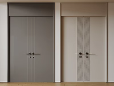 Modern Double Doors With Gray And Beige Vertical Stripe Design And Metal Handles 3d model