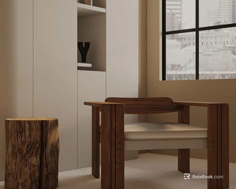 Wooden Frame Accent Chair With Beige Cushion And Wooden Stump Side Table In Modern Interior 3d model 