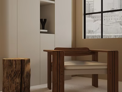 Wooden Frame Accent Chair With Beige Cushion And Wooden Stump Side Table In Modern Interior 3d model