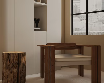 Wooden Frame Accent Chair With Beige Cushion And Wooden Stump Side Table In Modern Interior 3d model