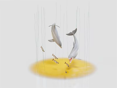 Playful Dolphins Interacting With Small Fish In Yellow Circular Area With Hanging Strings 3d model