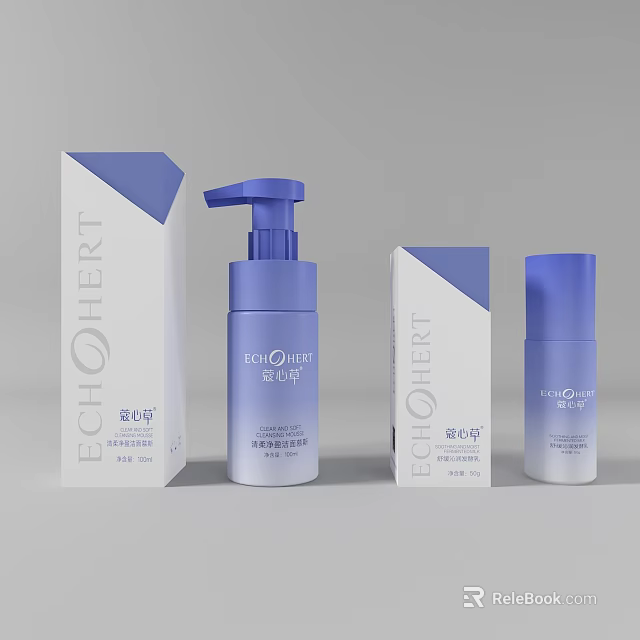ECHO HERT Perfume And Skincare Products Featuring Blue White Packaging Pump Bottle Small Bottle 3d model 