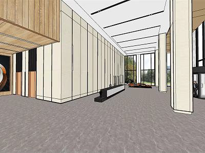 Front Desk Reception Modern Lobby Design With Wooden Accents Light Colored Walls And Large Windows 3d model