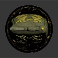 Ancient Decorative Shield Weapon With Golden Winged Creature Design And Black Wooden Base