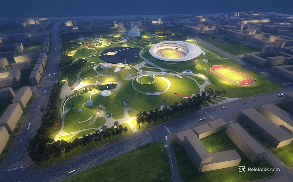 Evening Illuminated Urban Park Landscape With Lush Green Lawns Circular Structures And Track Field 3d model 