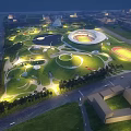 Evening Illuminated Urban Park Landscape With Lush Green Lawns Circular Structures And Track Field
