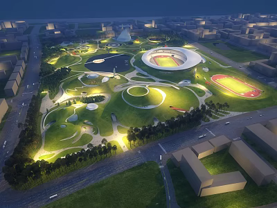 Evening Illuminated Urban Park Landscape With Lush Green Lawns Circular Structures And Track Field 3d model