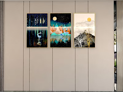 Modern Decorative Wall Art With Three Paintings Featuring Moon Mountain And Trees 3d model