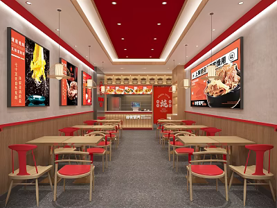 Bright Restaurant Interior With Red Decor Wooden Tables And Food Posters 3d model