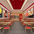 Bright Restaurant Interior With Red Decor Wooden Tables And Food Posters