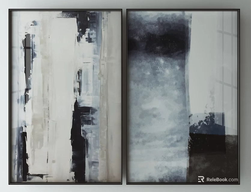 Modern Abstract Paintings With Black White Gray Tones And Two Panel Framed Art 3d model