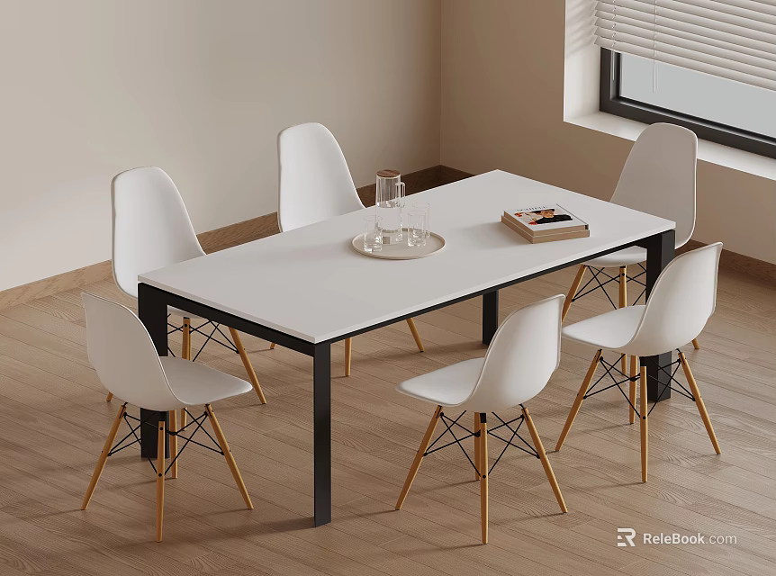 Modern Dining Table Set With White Table White Chairs Black Legs And Gold Accents 3d model 